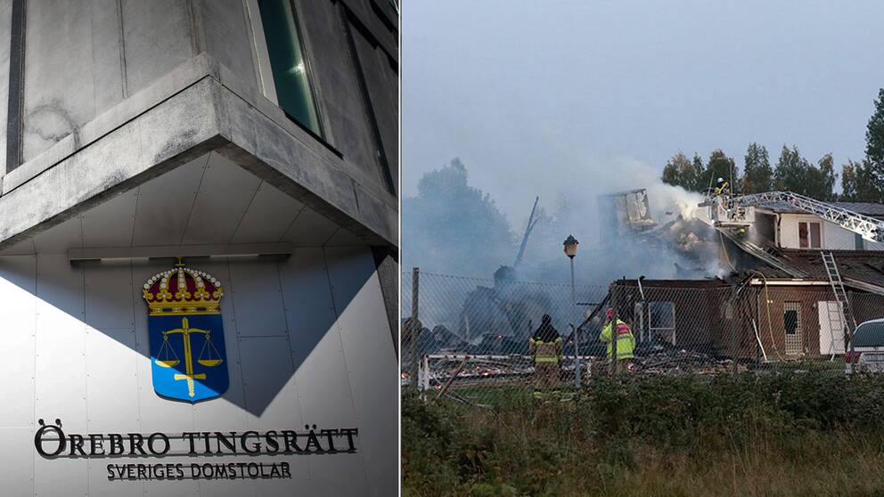 Montage av bilder, Örebro tingsrätt och en bild på moskén i Vivalla efter att den brunnit.