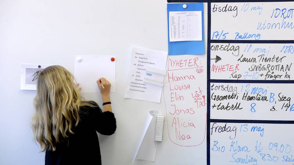 En elev redovisar ett skolarbete vid en whiteboardtavla i ett klassrum. ARKIV.