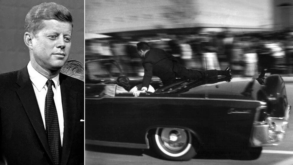 John F. Kennedy till vänster. Bild från omedelbart efter skotten i Dallas till höger. 