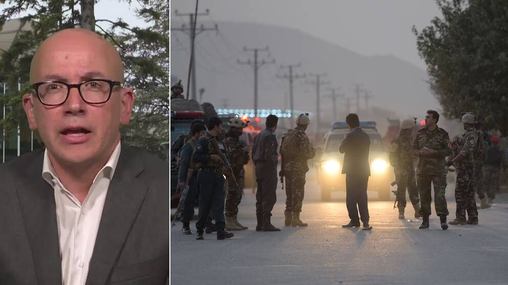 ICRC:s generaldirektör Yves Daccord och en bild på säkerhetspådrag efter en explosion i Kabul.