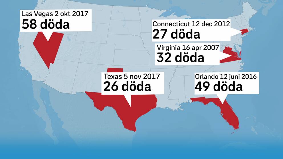 Karta med pilar på de platserna för de dödligaste masskjutningarna i USA.