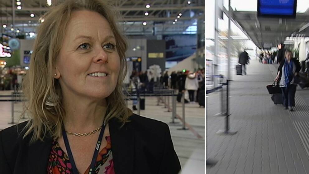 En bild där landvetter flygplats flygplansdirektör Charlotte Ljunggren är till vänster och i höger till bild en person som går med en rullväska
