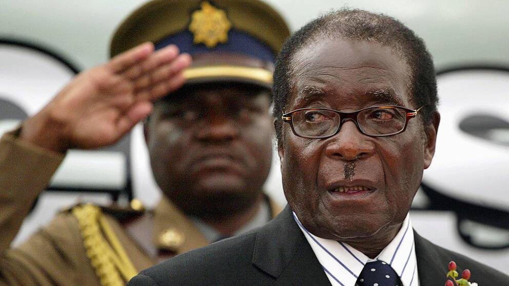 Zimbabwes president Robert Mugabe står framför en soldat.