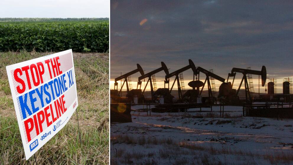 Skylt med texten ”Stop the Keystone Pipeline XL och arkivbild på oljeborrning i grannstaten North Dakota.