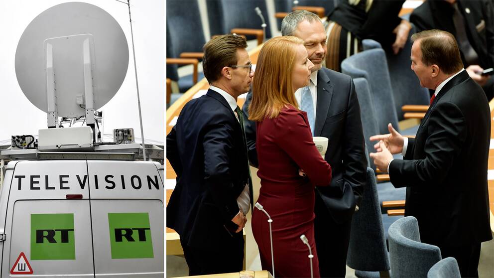 Ryska tv-kanalen RT och  Moderaternas partiledare Ulf Kristersson (M), Centerpartiets ledare Annie Lööf (C), Liberalernas partiledare Jan Björklund (L) och statsminister Stefan Löfven (S).