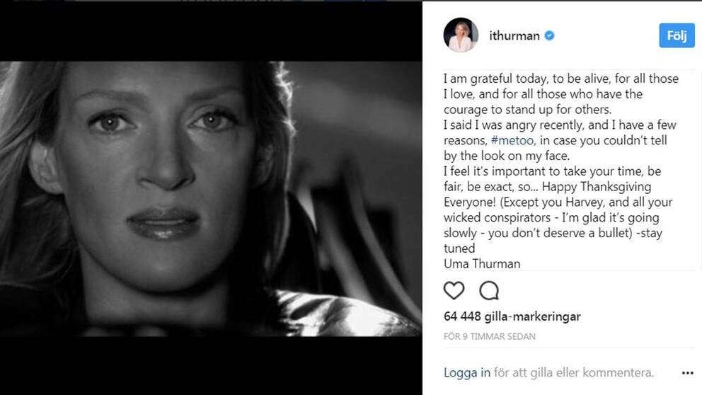 Uma Thurman gjorde under torsdagen ett uttalande på Instagram där hon önskade alla utom den våldtäktsanklagade filmproducenten Harvey Weinstein en glad Thanksgiving. 