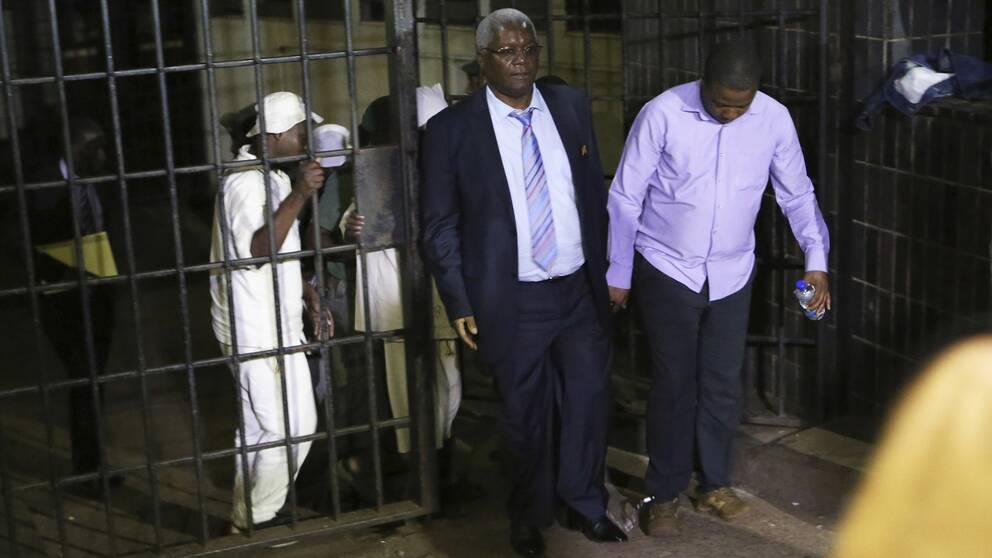 Zimbabwes fd finansminister Ignatius Chombo (mitten) och Kudzanai Chipanga (höger), tidigare ledare för Zanu-PF:s ungdomsförbund, under lördagens gripande.