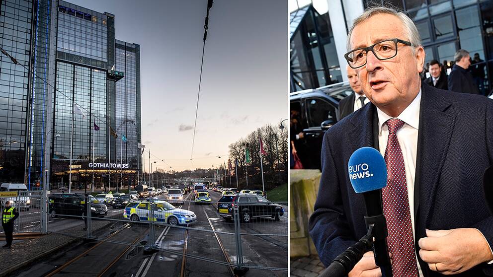 Europeiska kommissionens ordförande Jean-Claude Juncker utanför Eriksbergshallen och poliser utanför Gothia Towers i Göteborg den 17 november.