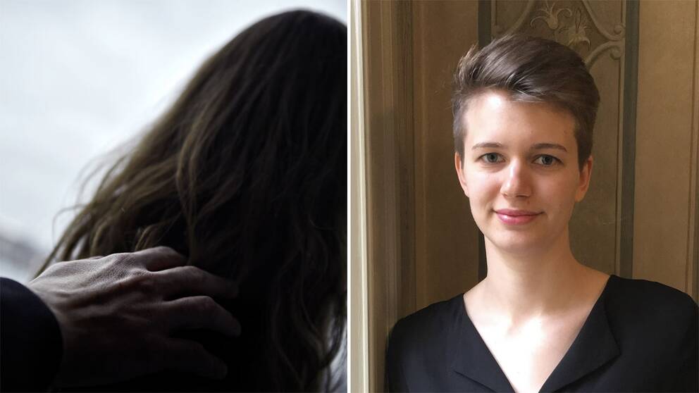 Bild på kvinna som får en hand på axeln och Siri Helle, psykologkandidat som bland annat skrivit en bok om arbetsmiljö.