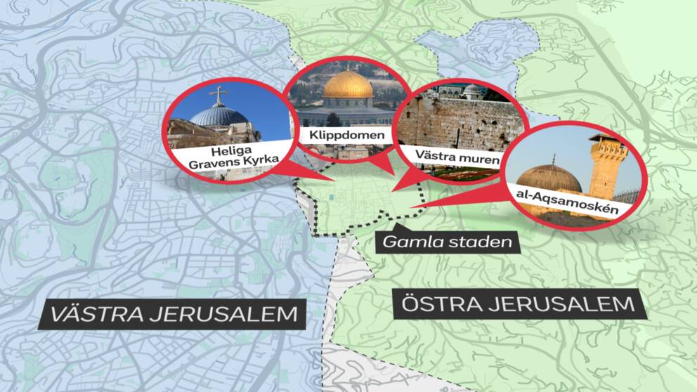 De tre världsreligionerna judendom, islam och kristendom har heliga platser i Jerusalems gamla stadsdel.