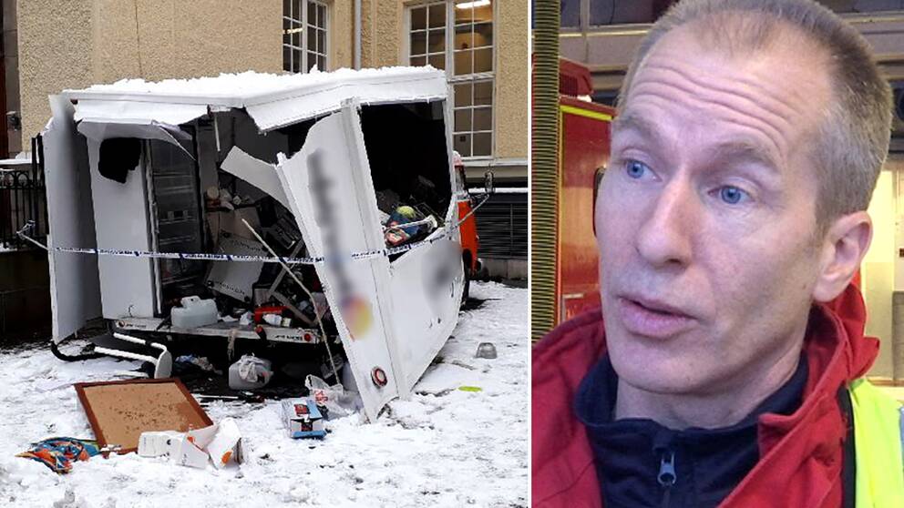 foodtrucken som exploderade och insatsledaren Lars Magnusson på räddningstjänsten.