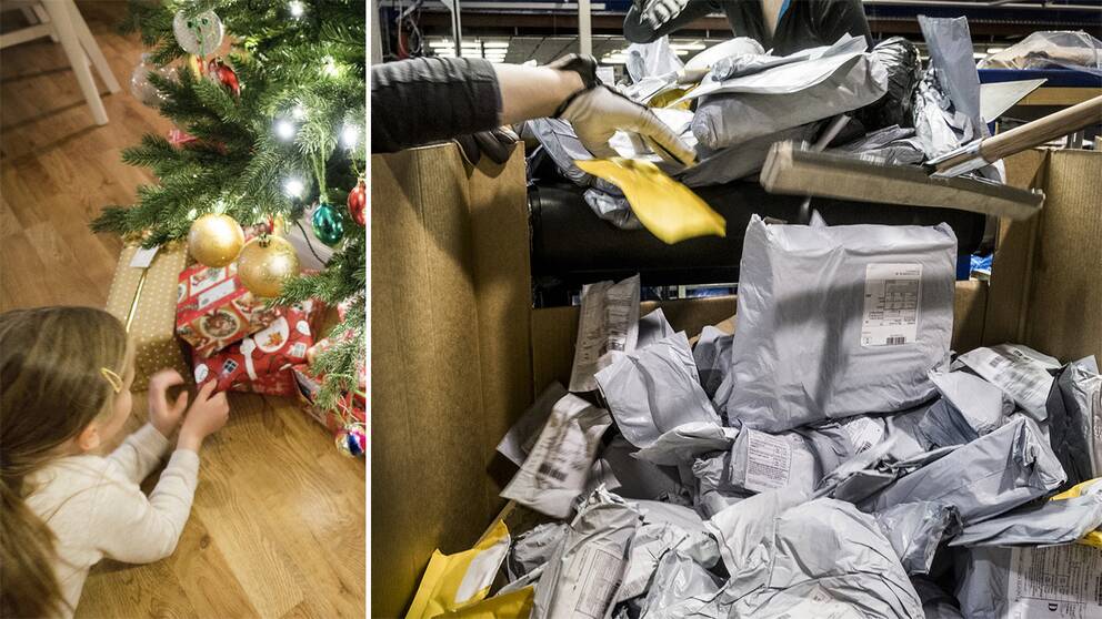 Flicka med julklappar och Postnords terminal på Arlanda i december.