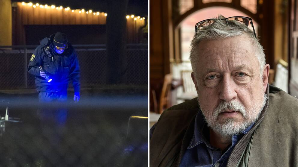 Till vänster en polis lyser med ficklampa i området där en ung kvinna våldtogs. Till höger Leif GW Persson i brun väst och med glasögonen i pannan.