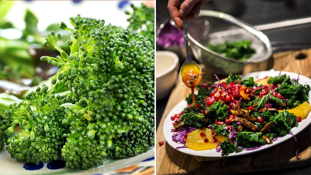 Till vänster broccoli. Till höger en sallad med grönkål och granatäpple.