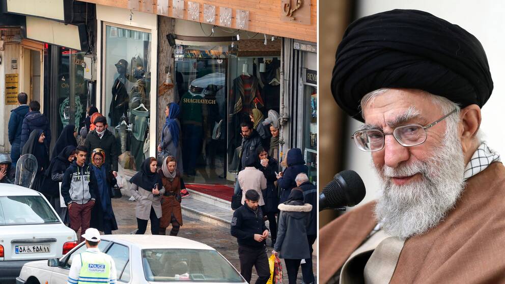 Teherans gatuliv till vänster, Irans högste ledare Ali Khamenei till höger. 