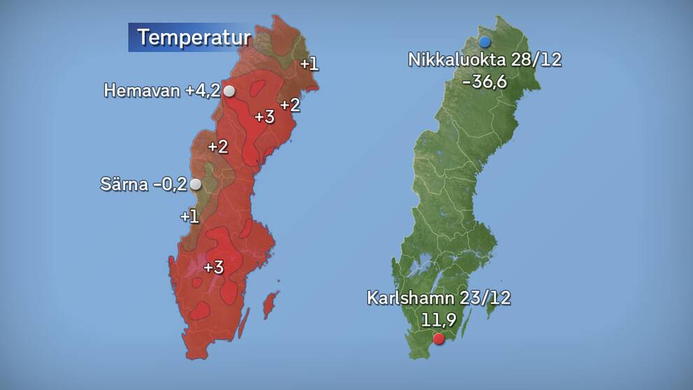Till vänster månadens medeltemperatur jämfört med referensperioden 1961–1990 (och de stationer som fick störst/minst över/underskott). Till höger månadens högsta och lägsta temperatur. Källa: SMHI.