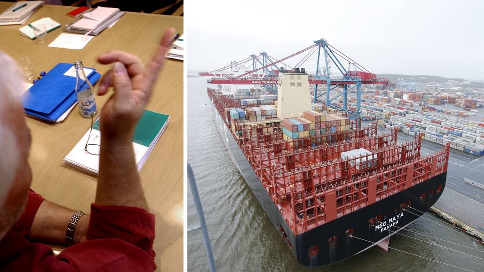 en person i en möteslokal intill en bild av ett stort containerfartyg