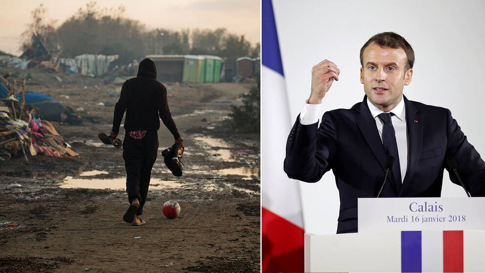 En migrant i den rivna ”djungeln” i oktober 2016, samt Emmanuel Macron.