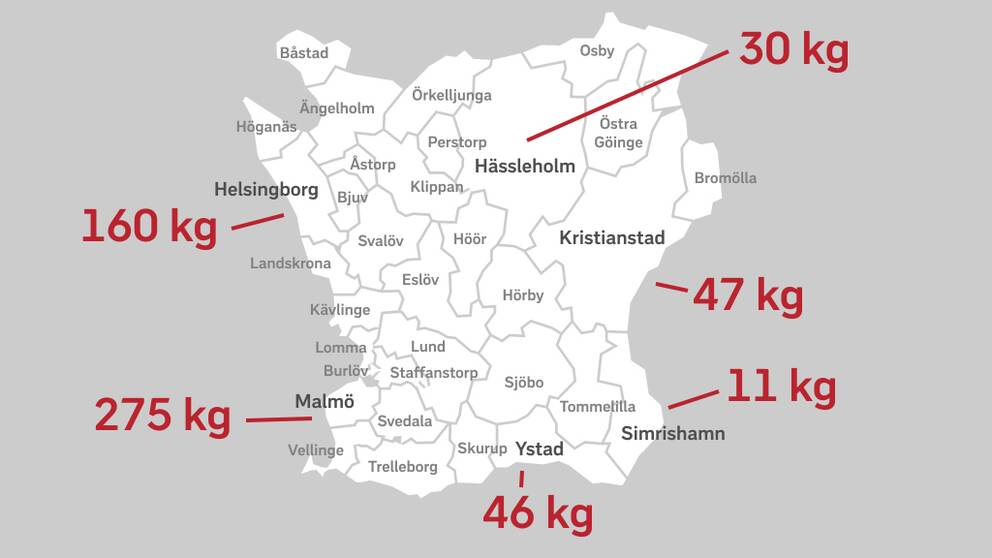 Visualisering av den utsläppta mängden läkemedel av 21 läkemedel enligt Läkemedelsverkets lista i olika delar av Skåne.