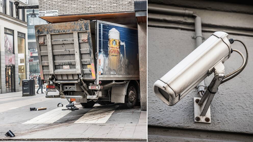 Lastbilen som körde in i varuhuset Åhlens vid terrorattacken och en övervakningskamera.