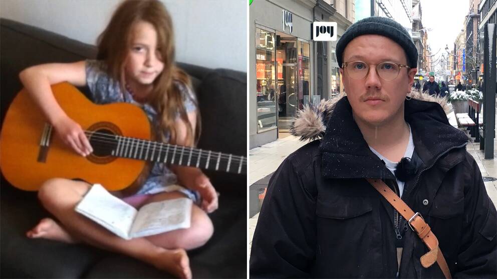 Till vänster Ebba sitter i en soffa och spelar gitarr. Till höger Ebbas lärare i svenska iklädd vinterjacka ståendes på Drottninggatan i Stockholm.