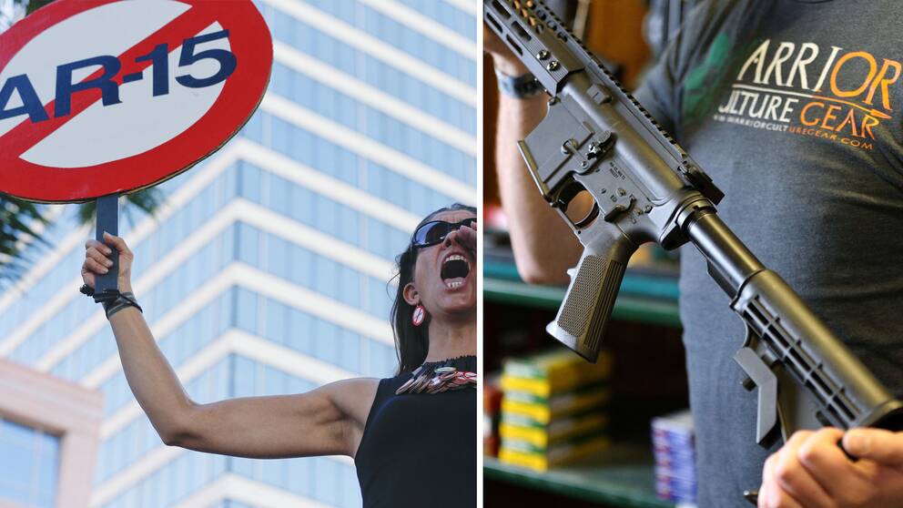 Kvinna protesterar mot AR-15, man håller i en AR-15