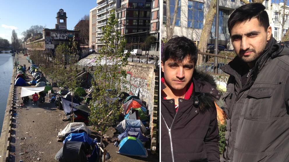 Tält med flyktingar i Paris, Faisal Momand till höger.