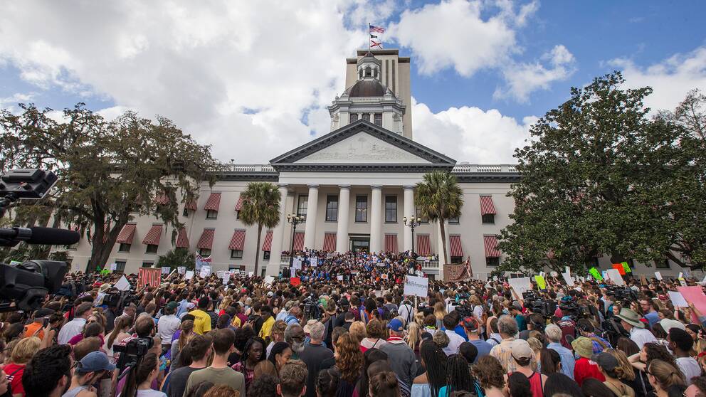 Ett stort antal människor protesterade mot vapenvåld utanför Floridas delstatskongress i Tallahassee under onsdagen den 21 februari.