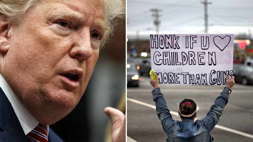 Donald Trump och en kvinna som håller upp en skylt med texten ”Honk if u love children more than guns”