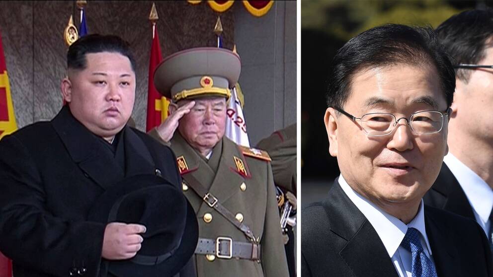 Den nordkoreanske ledaren Kim Jong-Un på en militärparad i februari i år. Sydkoreas nationella säkerhetsrådgivare Chung Eui-Yong.