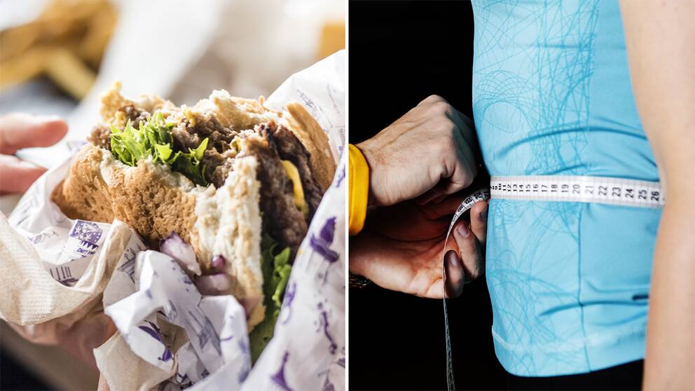 Hamburgare och en person som mäter sin mage.