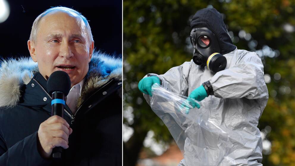 Rysslands president Putin och brittiska tekniker tar prover på räcken i Salisbury.