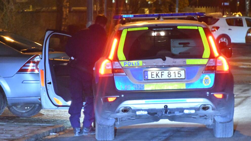 En polis och en polisbil.