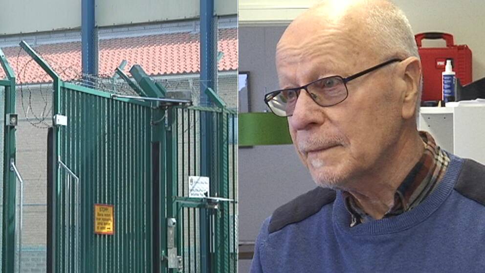 Montage. En bild på en grind till en anstalt som öppnas och en bild på Sven-Erik Alhem,  förbundsordförande för brottsofferjouren.