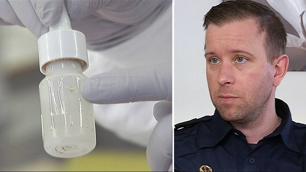 Nässpraysflaska som innehåller drogen fentanyl. Porträtt Robert Öhman, sektionschef underrättelsetjänsten