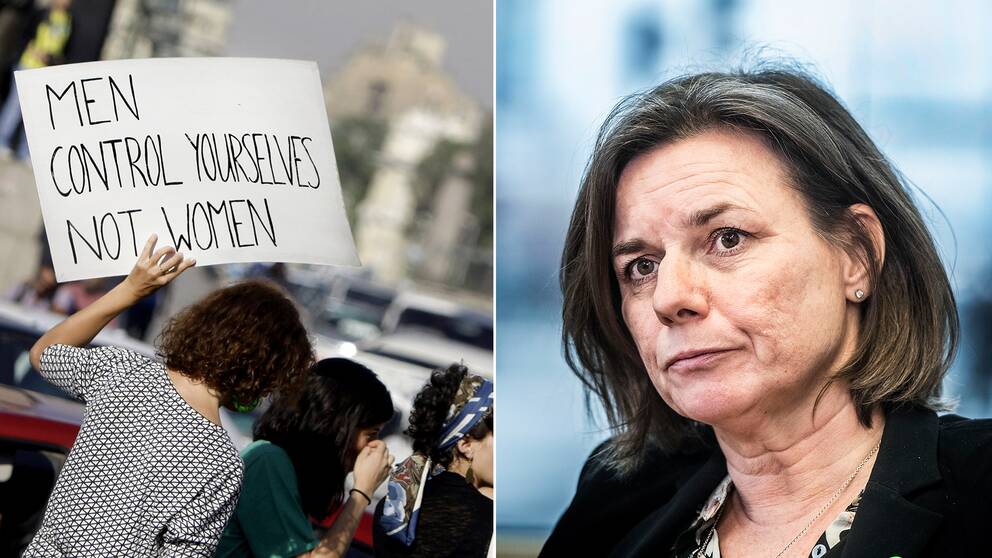 En bild från protester i Egypten om sexuella trakasserier mot kvinnor, samt en bild på biståndsministern Isabella Lövin (MP).