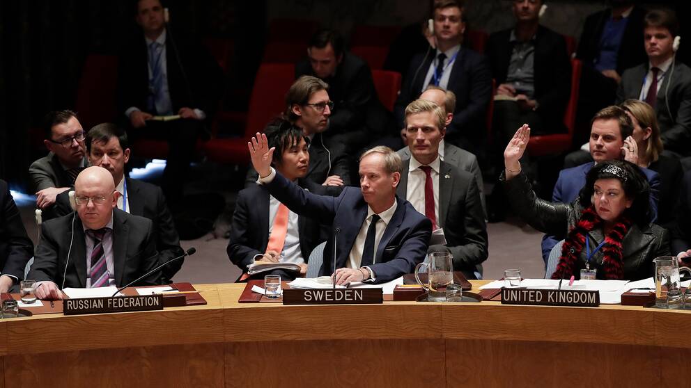 Rysslands, Sveriges och Storbritanniens FN-ambassadörer i säkerhetsrådet. 