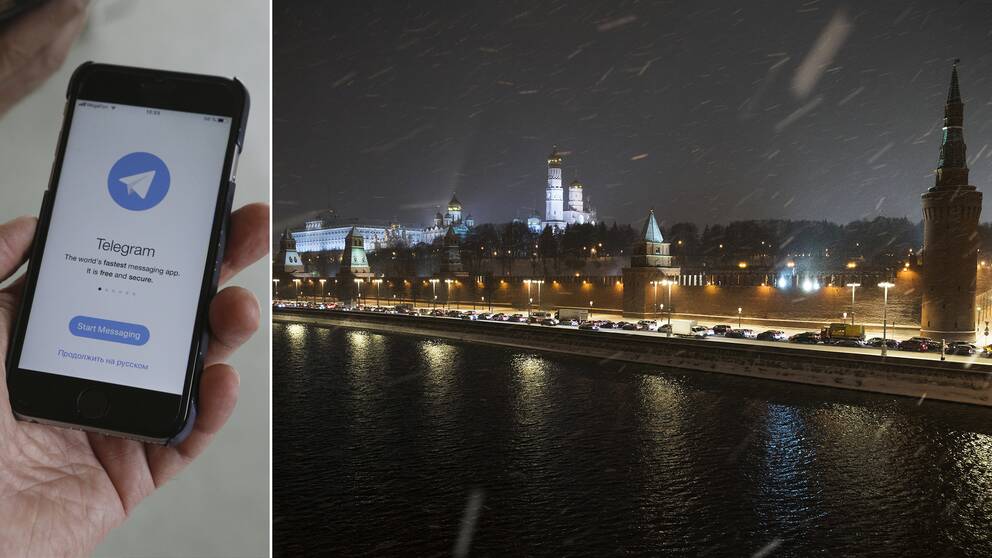 Till vänster: bild på appen Telegram. Till Höger: Vy över Kreml i Moskva.