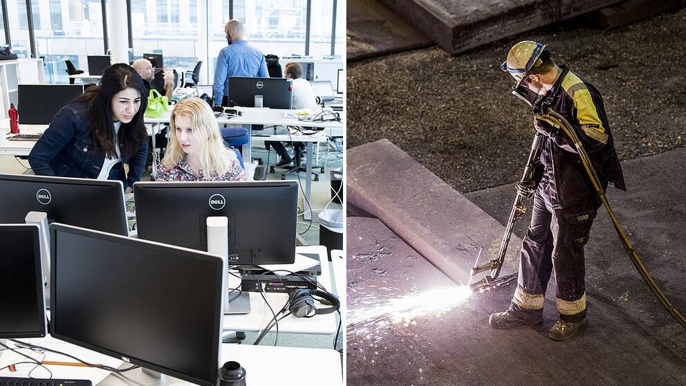 Till vänster: Två kvinnor står vid en dator i ett kontorslandskap. Till höger: En byggarbetare står och arbetar på marken i skyddsdräkt.