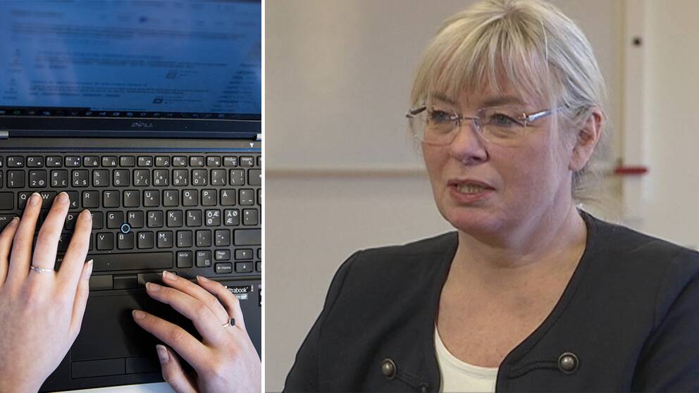 Till vänster: Händer på ett tangentbord. Till höger: Gunilla Karlström.