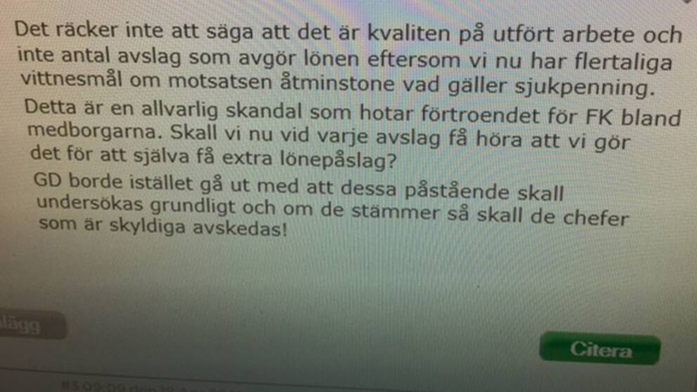 En skärmdump från en intern chatt inom Försäkringskassan där kritik riktas mot generaldirektören Anne-Marie Begler.