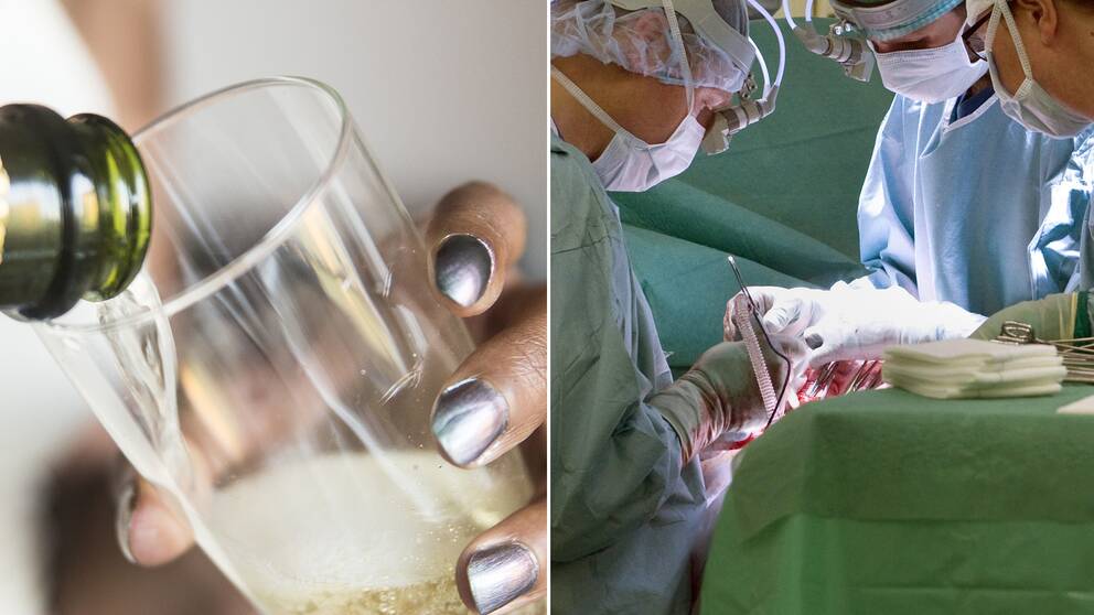 Delad bild: En på en kvinna som häller upp alkoholhaltig dryck, samt en på tre läkare som opererar en patient.