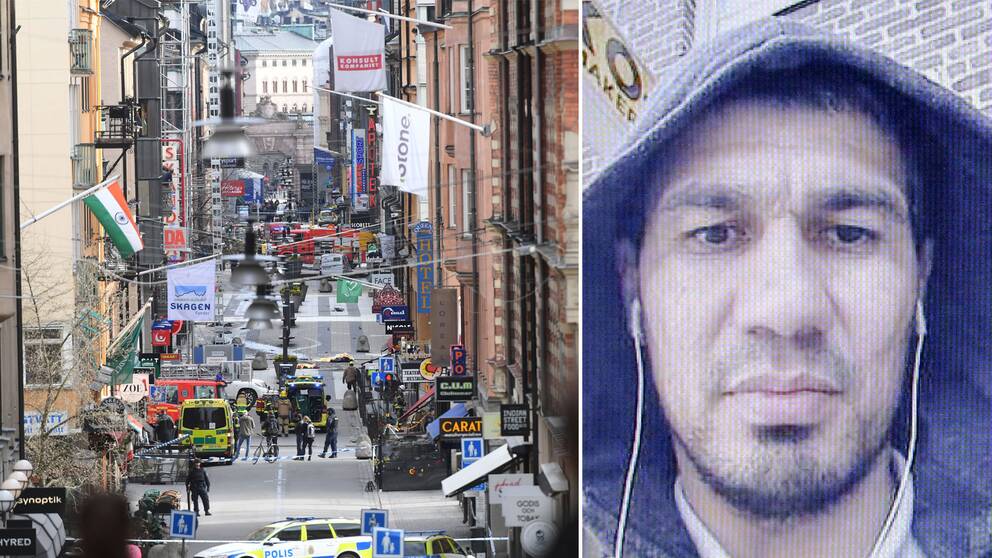 Drottninggatan den 7 april förra året, till höger den misstänkte gärningsmannen Rakhmat Akilov