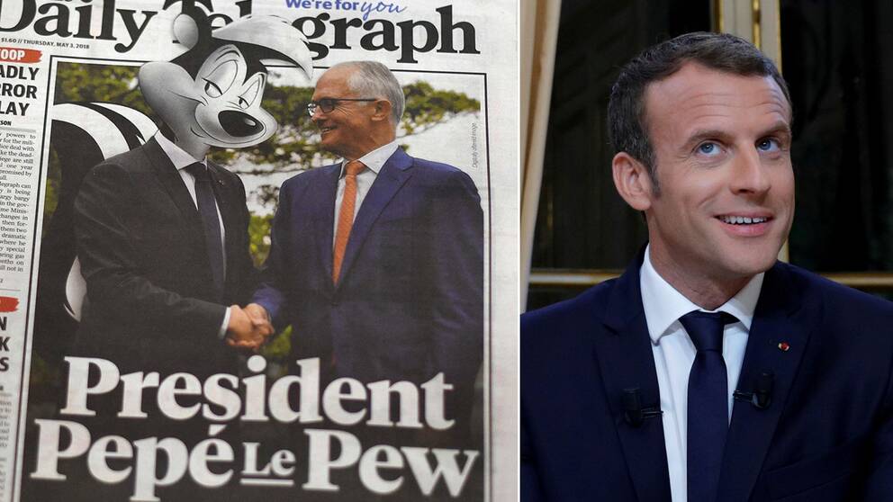 The Daily Telegraphs förstasida med Macron som en skunk tillsammans med Malcolm Turnbull, samt ”den ritkiga” Emmanuel Macron.