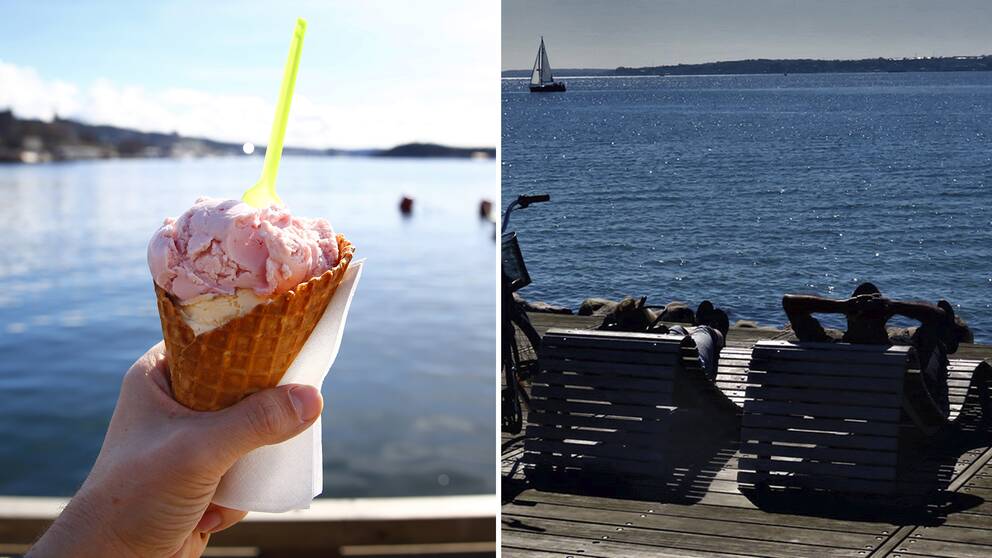 En bild på en glass, samt en bild på två personer som solar vid vattnet.
