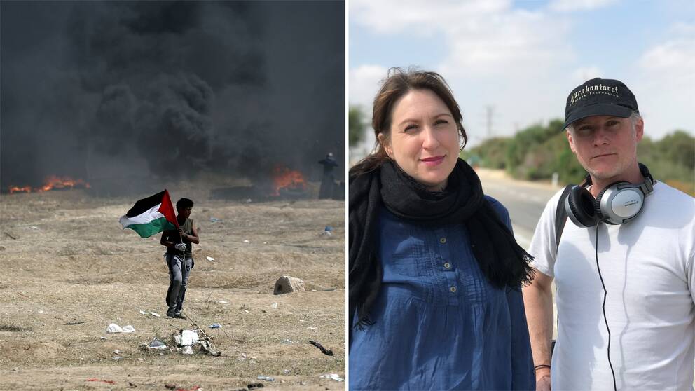 Bild från Gazaprotesterna, en pojke går med en palestinsk flagga samt bild på SVT:s team på plats – Marie Nordstrand utrikesreporter och fotograf Tomas Hallstan. 