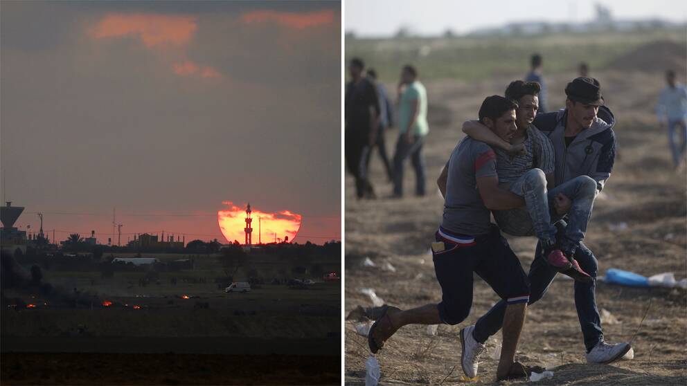 Solnedgång längs gränsen mellan Gazaremsan och Israel. Ambulanser och brinnande däck syns på bilden. Samt bild på två män som bär på en skadad man. 