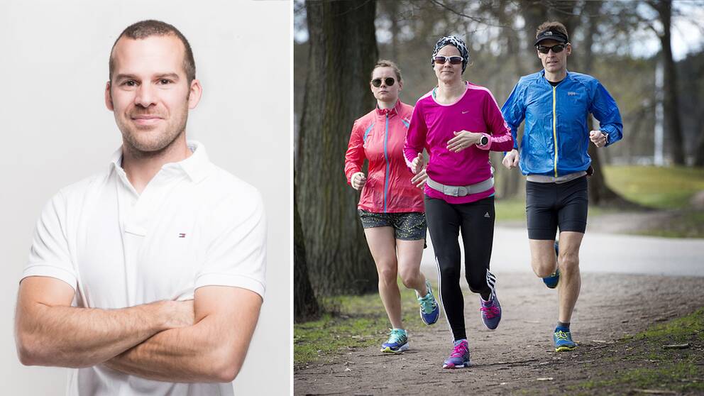 Jacob Guidol, samt tre personer som är ute på löptur i färgglada kläder.