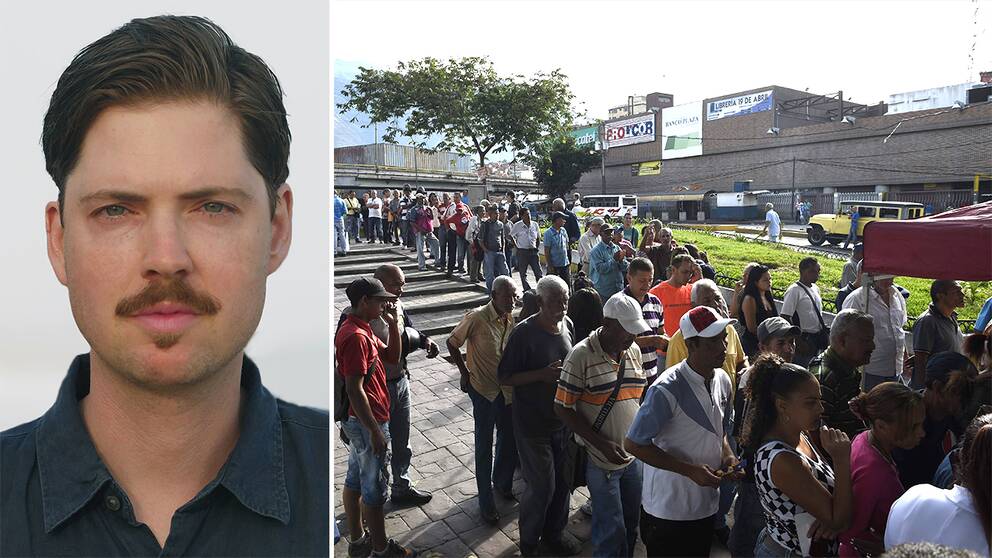 SVT:s reporter Tigran Feiler och röstande venezuelaner.