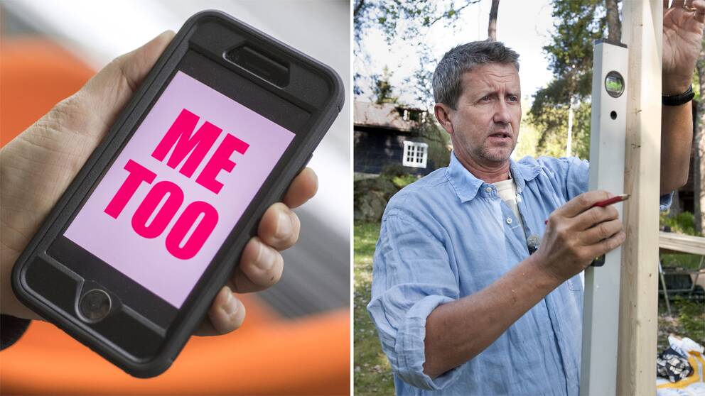 Bild på mobil där det står Me Too samt bild på Martin Timell när han snickrar.